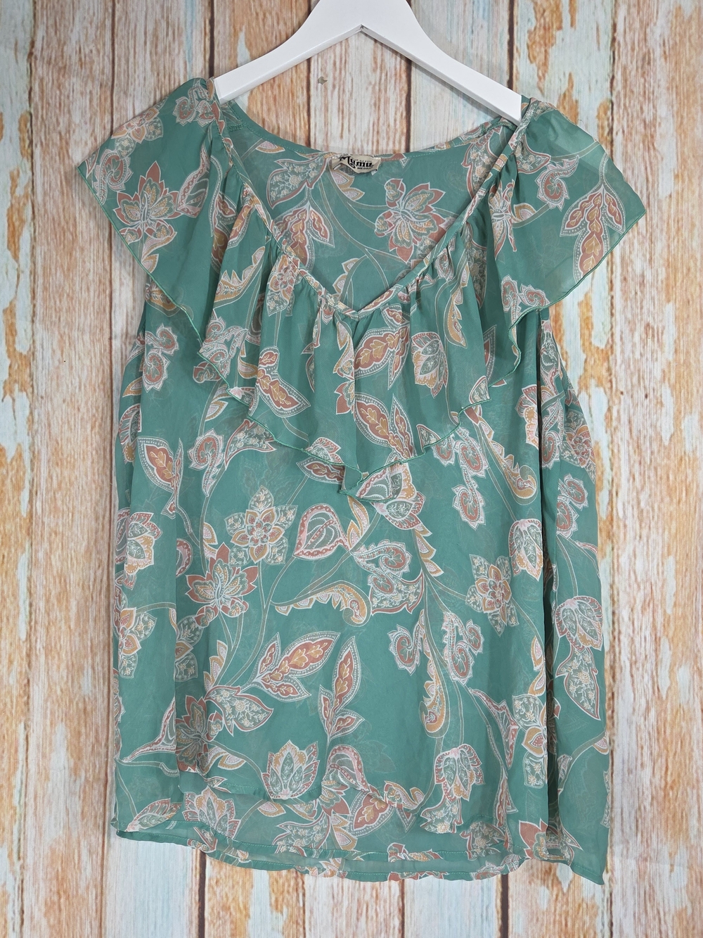 Show Me Your MuMu Green Floral Ruffle Sleeve Blouse. Fully Lined
